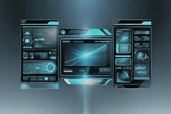 A dynamic futuristic web interface design featuring digital screens with glowing borders and interactive elements..png